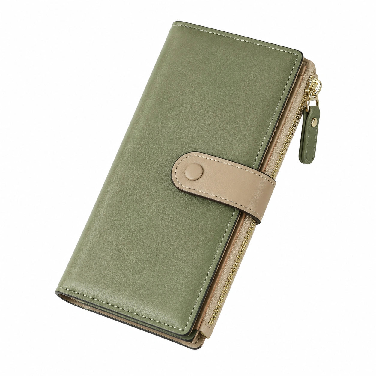 Damen Geldb?rse 19 x 10 x 3 cm aus Kunstleder in Gr¨¹n Beige mit Druckknopf und Rei?verschluss