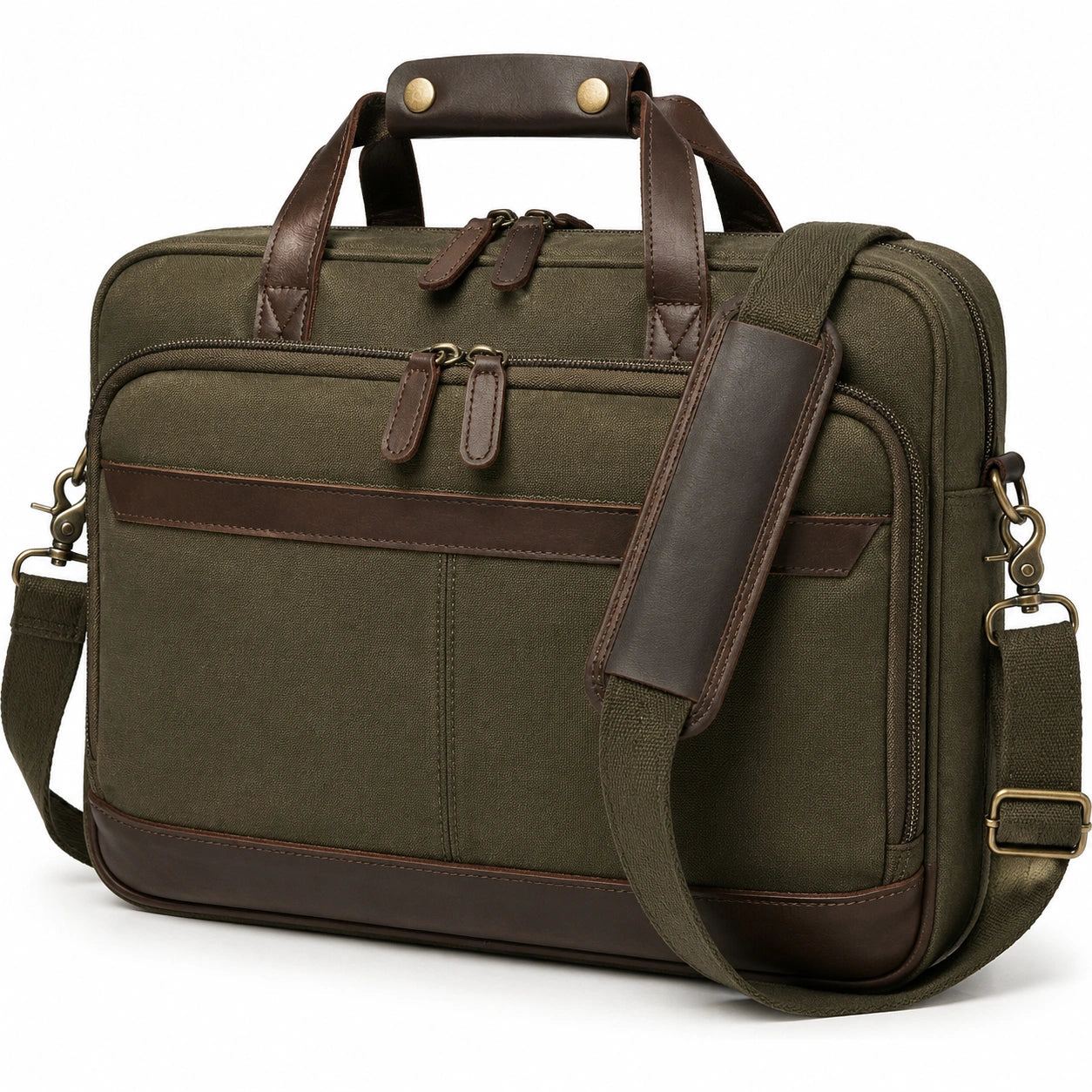 Aktentasche 42 x 12 x 32 cm aus Canvas und Kunstleder Olivgr¨¹n Braun mit Schultergurt