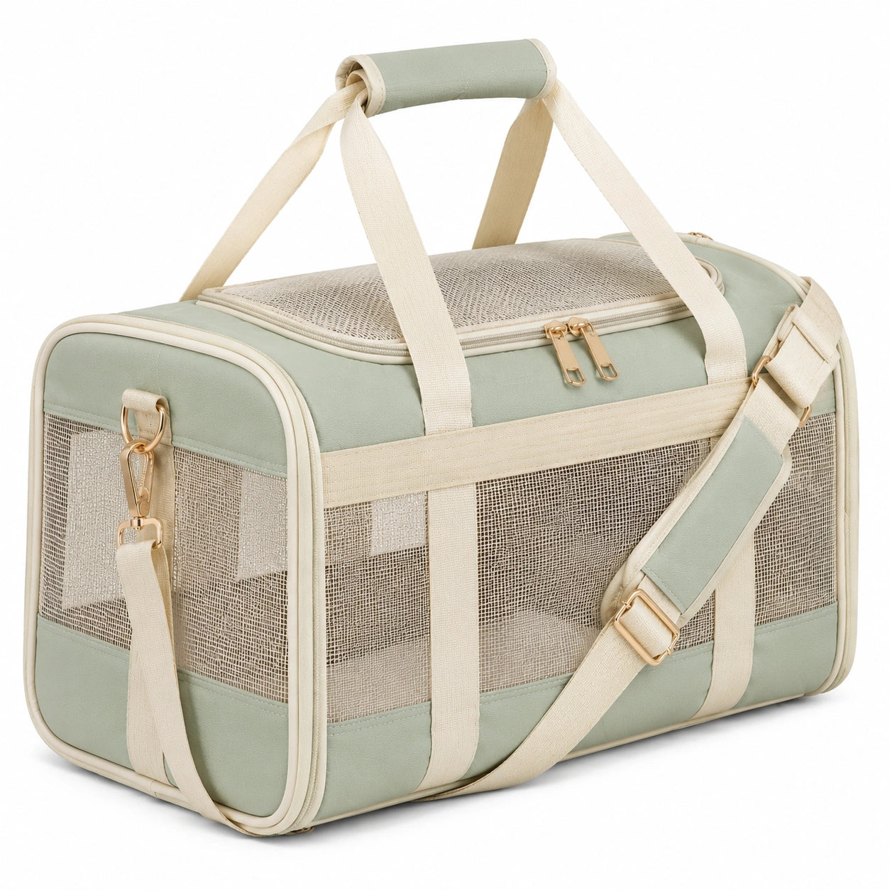 Haustier Transporttasche 45 x 28 x 28 cm aus Kunstleder in Salbeigr¨¹n mit Netzfenstern und Tragegurt