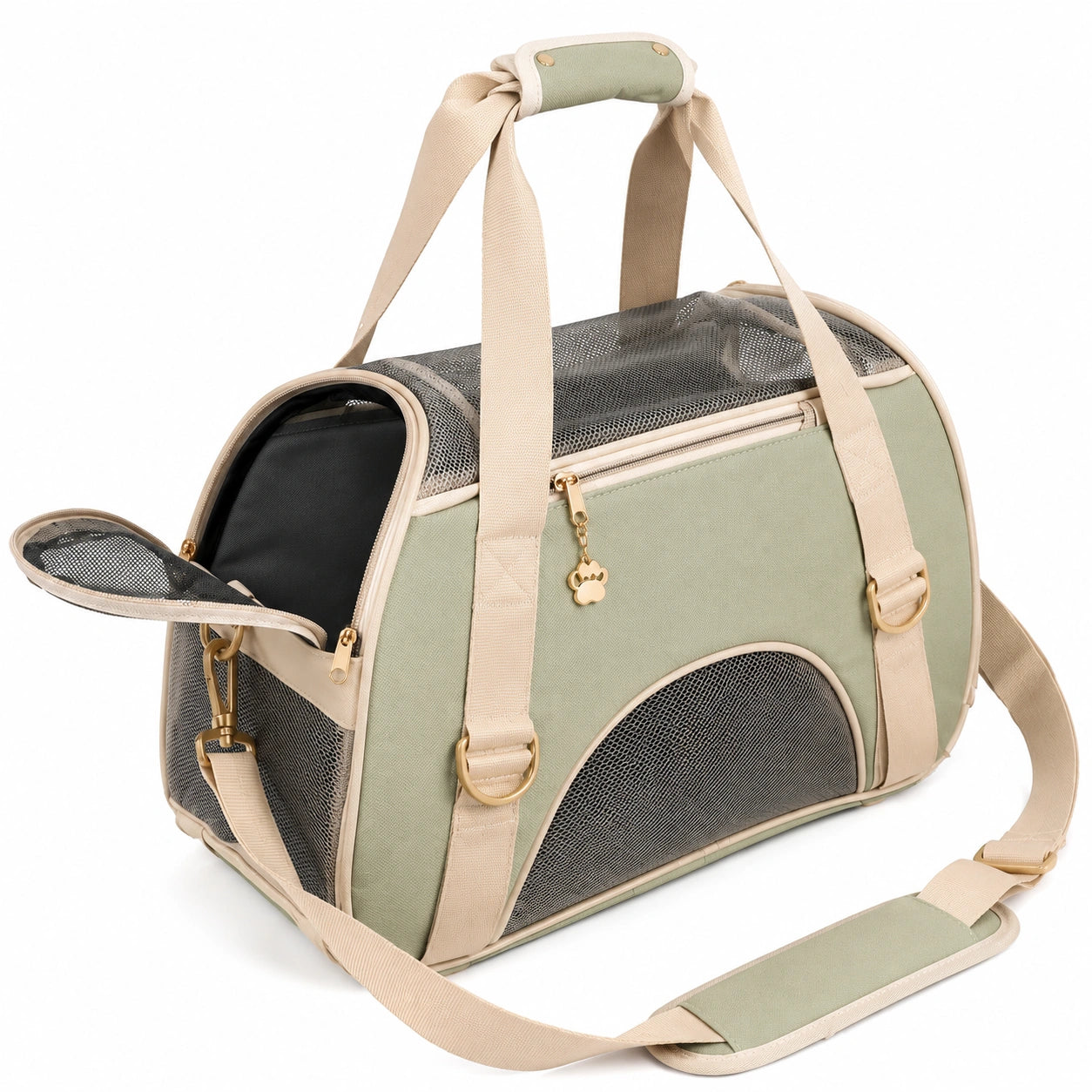 Haustier Transporttasche 45 x 28 x 30 cm aus Textil in Salbeigr¨¹n mit Netzfenstern und Schultergurt