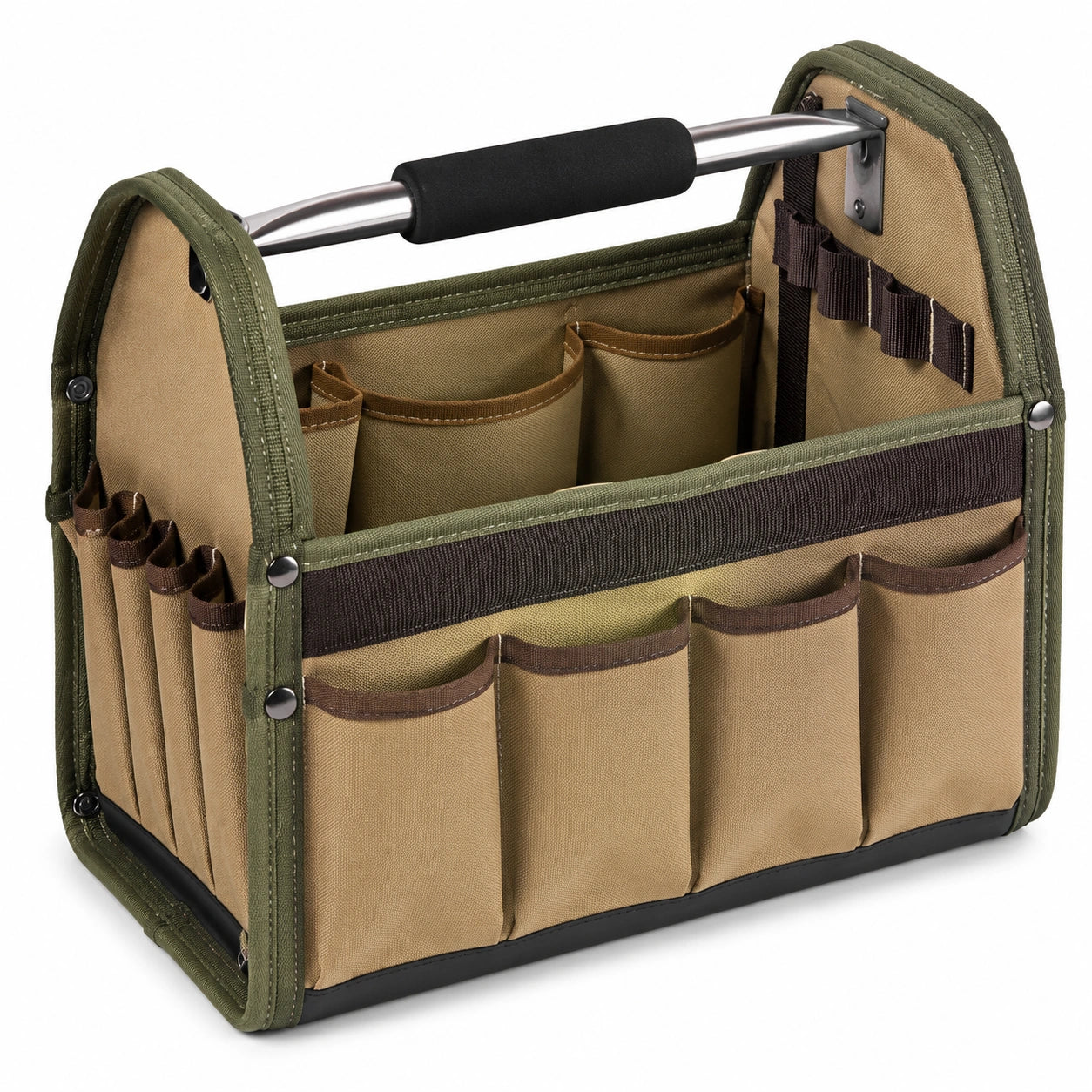 Werkzeugtasche 40 x 18 x 30 cm aus Textilgewebe in Khaki mit Metallgriff und Organisationsf?chern